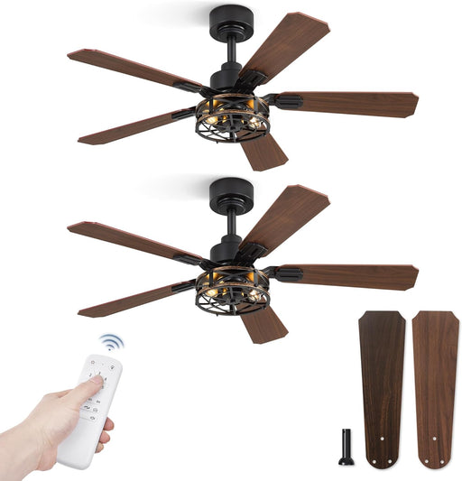 2 Pack 42 Inch Rustic Caged Ceiling Fan with Lights, Black Farmhouse Ceiling Fans for Bedroom Living Room, Double-Sided 5 Blades Rustic Ceiling Fan
