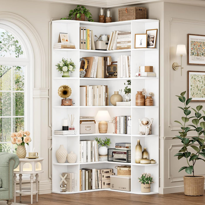 72" Tall Corner Bookshelf, 6-Tier Bookshelf and Bookcase, White | Space-Saving Book Shelf with Open Storage, L Shaped Corner Bookcase for Home Office, Thickened Boards for Heavy Duty