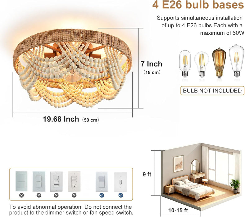 Boho Ceiling Fans with Lights: 20 Inch Wood Beaded Flush Mount Fandelier with Remote and Timer Control - Elegant Vintage Caged Ceiling Fan - Indoor Quiet 6 Speeds for Bedroom, Living Room