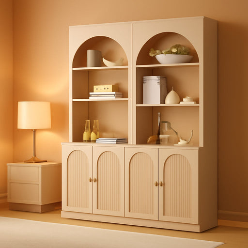 77.6" Tall Arched Bookshelf Set of 2, Wood Bookcase with Cabinet, Cream | Modern Bookcase W/Fluted Arched Door, 5-Tier Large Book Shelf W/Adjustable Shelves, Versatile Storage Cabinet for Living Room