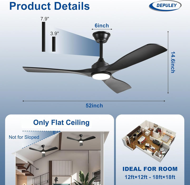 52 Inch Black Ceiling Fan With DimmableIntegratedLight