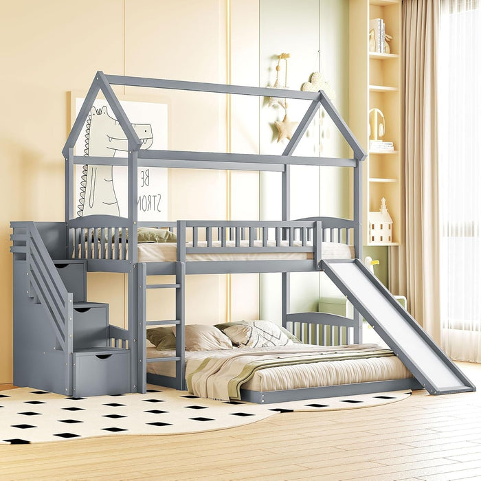 House Loft Bunk Bed Frames with Slide, Stairs and Storage Drawers No Box Spring Needed, Gray, Twin over Twin with Bottom Beds