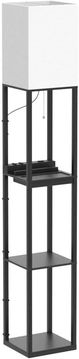 Floor Lamp with Shelves,Modern Dimmable Solid Wood Standing Lamp with 1 Drawer and 2 USB Ports & 2 Power Outlet,Corner Tall Bookshelf Lamp for Living Room and Bedroom(Black)