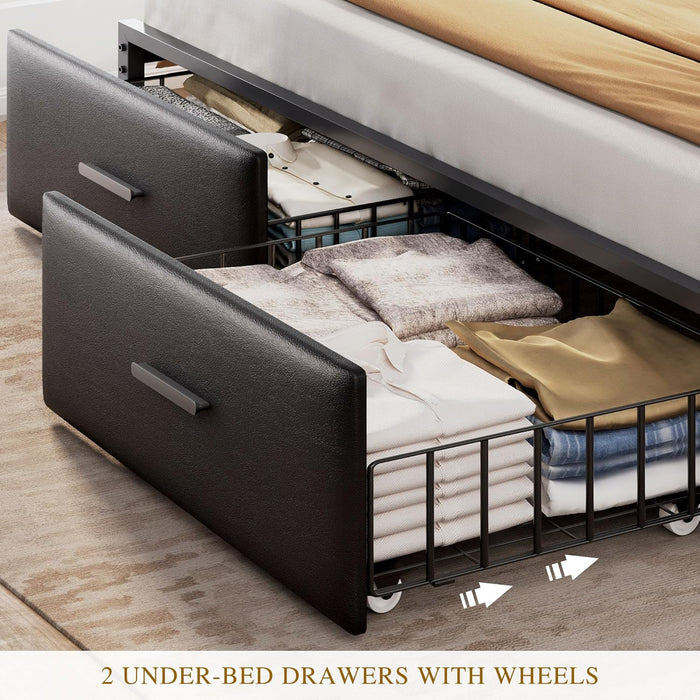 King Size with 2 Storage Drawers and Charging Station, Upholstered Bed with Storage Headboard and LED Light, Heavy Duty Metal Frame Support, No Box Spring Needed, Noise Free, PU Leather Black