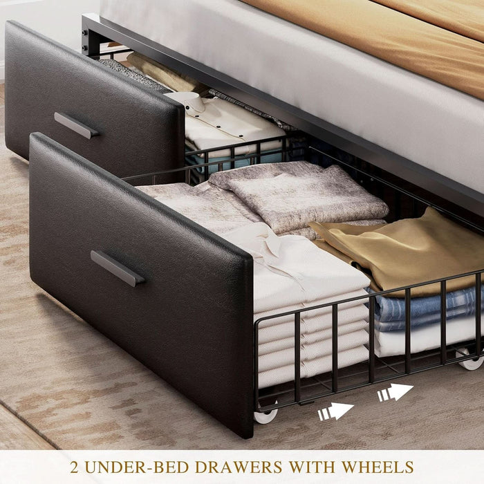Full Size with 2 Storage Drawers and Charging Station, Upholstered Bed with Storage Headboard and LED Light, Heavy Duty Metal Frame Support, No Box Spring Needed, Noise Free, PU Leather Black
