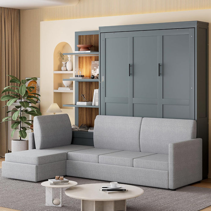 Murphy Bed Queen Size Wall Bed with Sofa,Wood Murphy Bed,Platform Bedfram Chest Can Be Folded,Hideaway Cabinet W/Shelves and Slat Support,Space-Saving Furniture for Study,Office,Gray