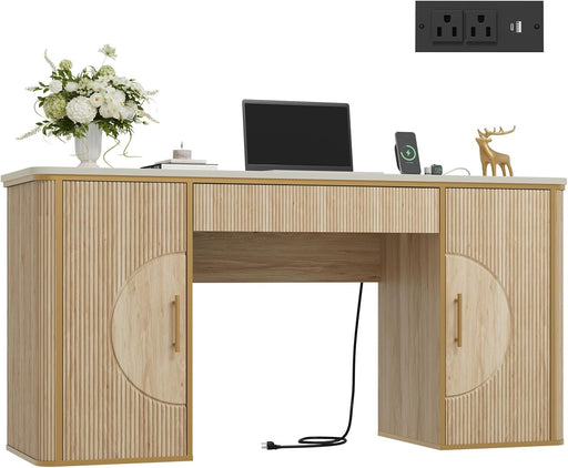 60" Fluted Computer Desk, Wooden Long Home Office Writing Desk with Drawer & Storage Cabinet, Modern Writing Table with Charging Station, High Executive Desk for Office，Bedroom, Nature Oak