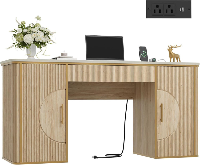 60" Fluted Computer Desk, Wooden Long Home Office Writing Desk with Drawer & Storage Cabinet, Modern Writing Table with Charging Station, High Executive Desk for Office，Bedroom, Nature Oak