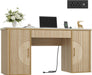 60" Fluted Computer Desk, Wooden Long Home Office Writing Desk with Drawer & Storage Cabinet, Modern Writing Table with Charging Station, High Executive Desk for Office，Bedroom, Nature Oak