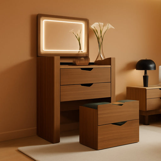 3 in 1 Small Walnut Vanity with Stool & Glass Top, Make up Table with Flip up Mirror & Lights, Modern Cute Teen Vanity Desk with Drawers for Small Space (Walnut+Black, 18.9'' L)