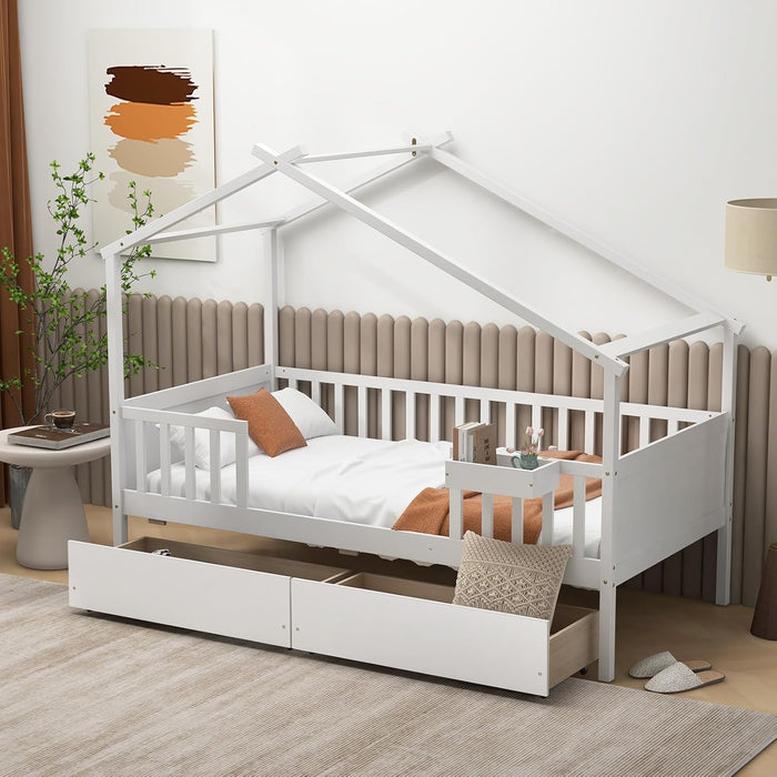 Twin House Bed White With IntegratedStorage Drawers
