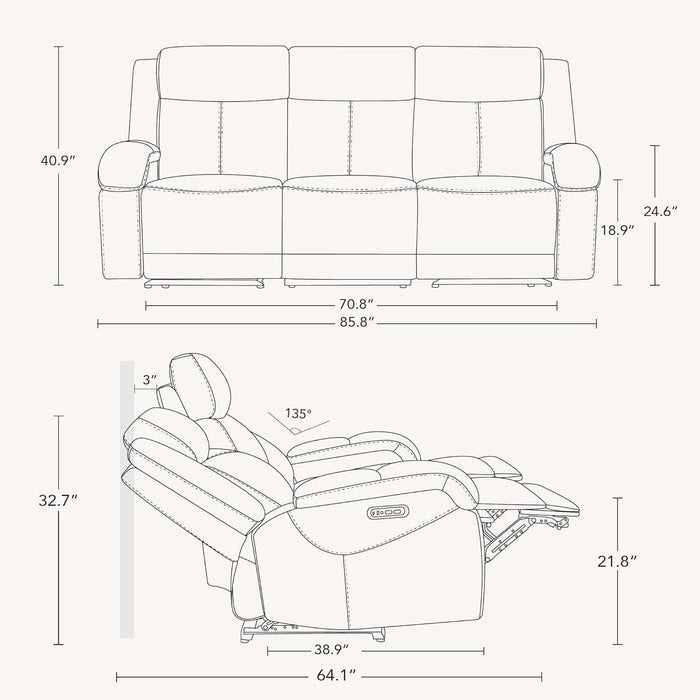 Genuine Leather Power Recliner Sofa, 3 Seater Wall Hugger Reclining Sofas with Power Headrest, USB & Typec Ports, Electric Recliner Couch Set for Living Room, Navy