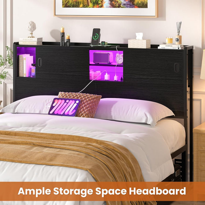 Headboard for Queen Size Bed with Storage, Sturdy Bookcase Headboards with Outlet, USB & LED Light, Queen Size Headboard Only, Head Board with Sliding Doors & Bed Adapter for Bedroom, Black