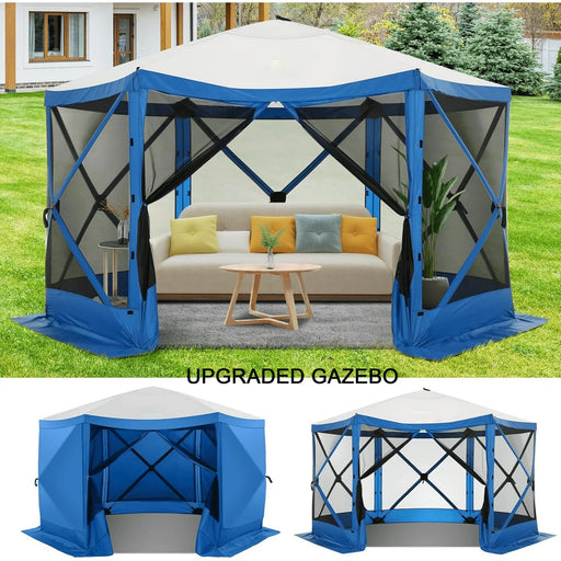 12X12 Pop up Canopy Gazebo, Outdoor Canopy Tent Screen House with 6 Sidewalls and Netting for Camping, Waterproof, UV Resistant, Ez Set-Up Party Tent with Carrying Bag and Ground Stakes,Blue