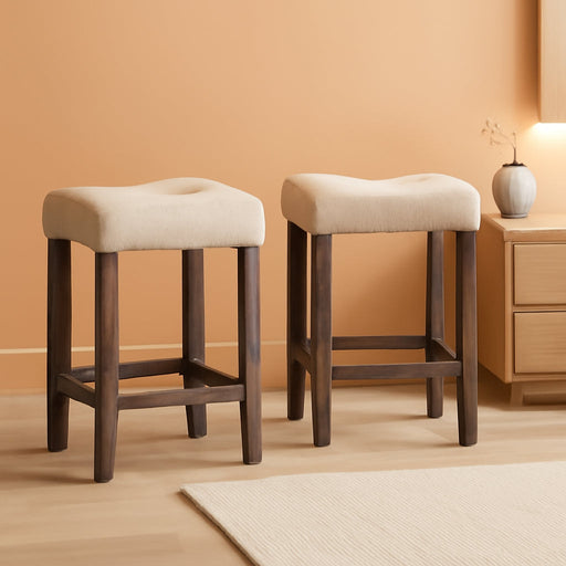 Sora Button Tufted Counter Height Saddle Stools, Set of 2, Taupe