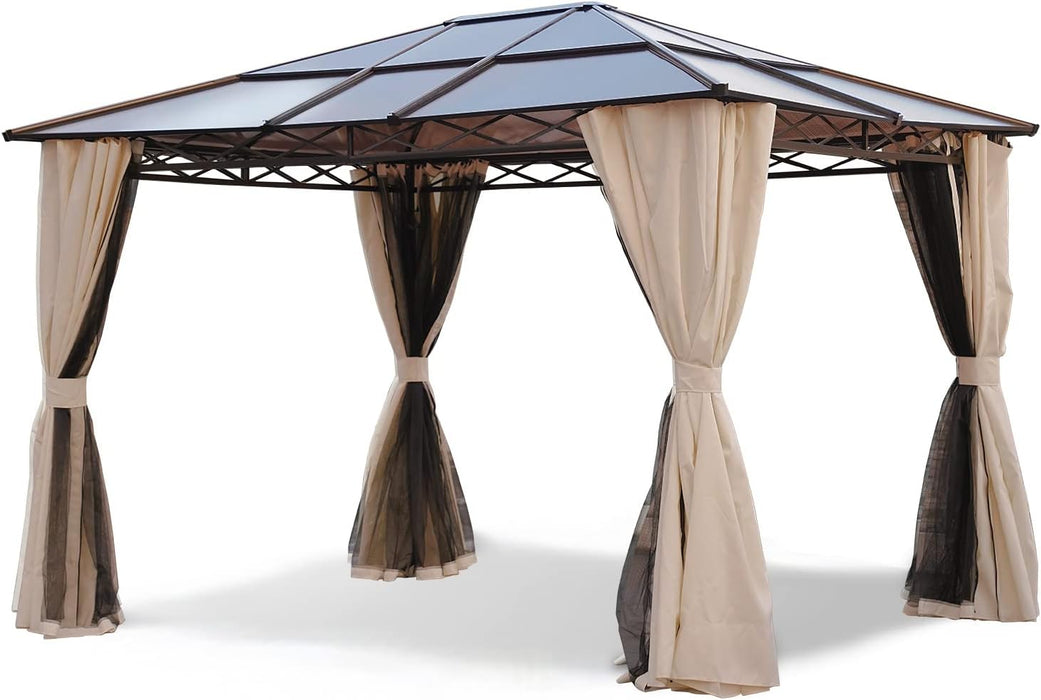 10X12 Gazebo, Hardtop Gazebo, Single Roof Pergolas Metal Aluminum Frame UV 50+ Outdoor Canopy with Mosquito Netting and Curtains, Outdoor Shelter for Garden, Lawn, Backyard