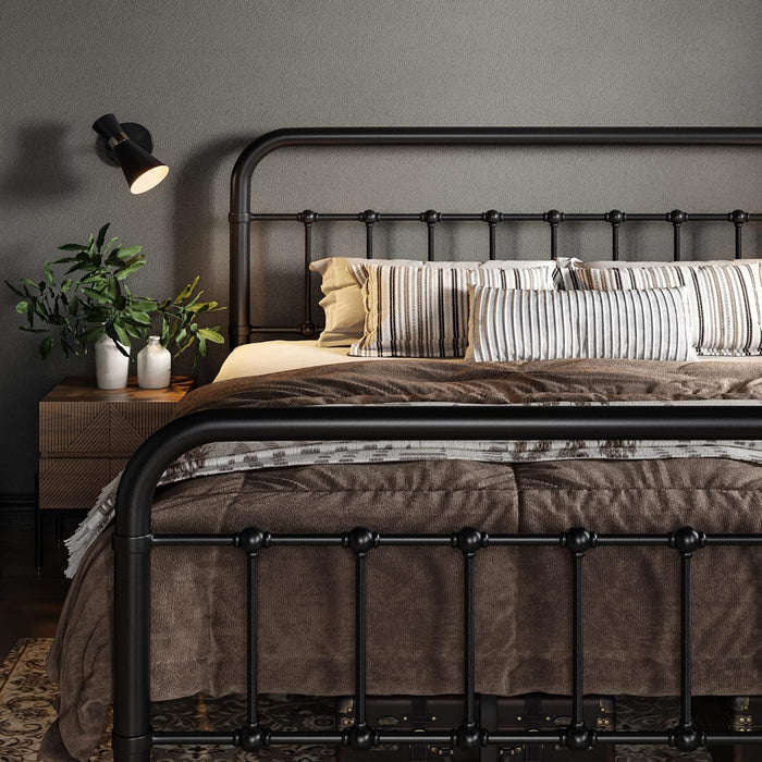 Queen Metal Bed Frame with Victorian Iron-Art Headboard, Black