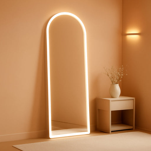 LED Arched Full Length Mirror with Lights 63"X20" - Lighted Floor Mirror with Dimming & 3 Color Lighting, Aluminum Frame Standing Leaning or Hanging for Bedroom Cloakroom White