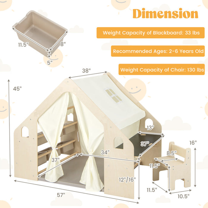 6-In-1 Kids Play Tent Playhouse with Blackboard 6 Storage Bins and Floor Cushion