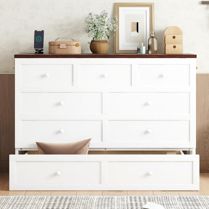 Full Size Murphy Bed W/Storage Drawer,Murphy Bed Cabinet W/ 2 USB Port & Power Outlets,Hidden Foldable Wall Bed Frame for Home Office,Apartment,Guest Room,White-Walnut