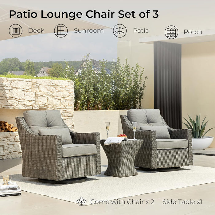 3 Pieces Wicker Patio Bistro Set, Outdoor Furniture Set with 2 Pieces Rattan Rocking Swivel Chairs, Thickened Cushions and Side Table, Brownish Grey Cushions with Grey Wicker
