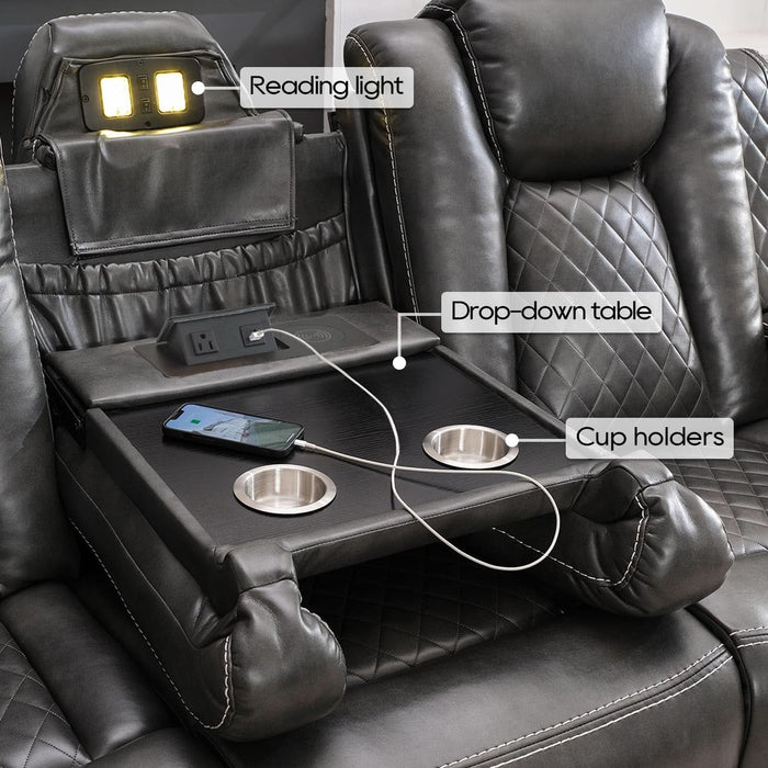 Power Reclining Sofa Couch with Wireless Charger, 3 Seaters with Recliner with Reading Light, Leather Electric 3 Seat Sofa Sectional Set for Living Room, Home Theater Seating with LED Lights, Grey