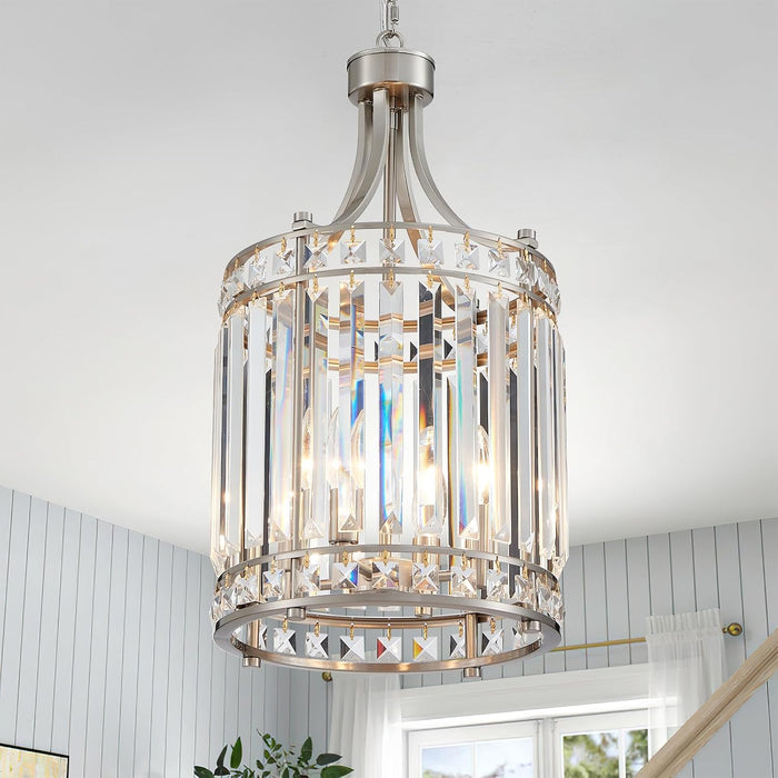 11.8" Modern Crystal Chandelier Brushed Nickel Lantern 4-Light Small Farmhouse Geometric Pendant Lighting Fixture Adjustable Hanging Cage Ceiling Lights for Living Room Dining Room Entryway