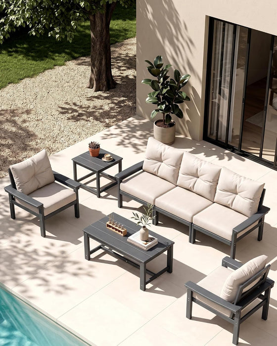 HDPE Outdoor Patio Furniture Set, Grey Frame & Beige Cushions