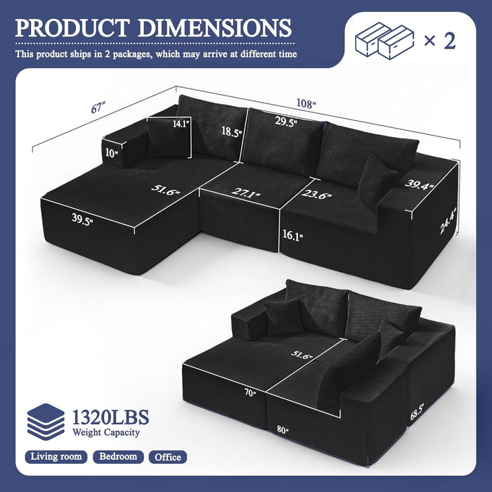 Luxurious Corduroy 108Inch L Shaped Sofa MemoryFoam