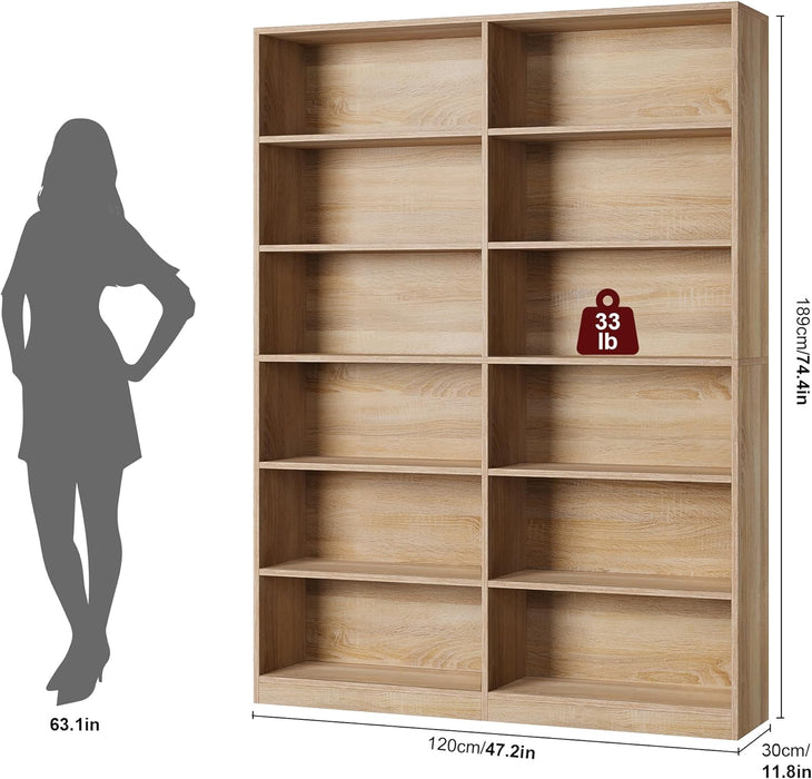 Bookshelf and Bookcase, 6-Tier Double Wide Bookshelves,Freestanding Display Storage Shelves, Tall Bookcases for Home Decor Bedroom, Living Room, Home Office, Light Oak