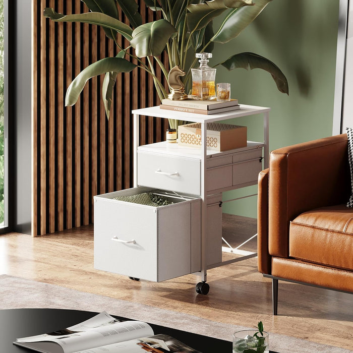 2 Drawer Fabric Vertical Filing Cabinet, Rolling Printer Stand, White