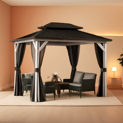 8' X 10' Hardtop Gazebo Metal Double Roof White Aluminum Frame Outdoor Heavy Duty Gazebo with Curtain and Netting for Patio Garden and Backyard, Grey