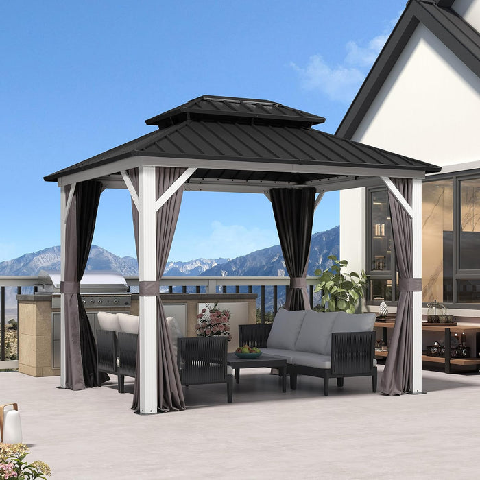 8' X 10' Hardtop Gazebo Metal Double Roof White Aluminum Frame Outdoor Heavy Duty Gazebo with Curtain and Netting for Patio Garden and Backyard, Grey