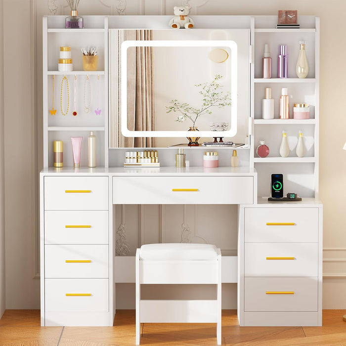 White Vanity Desk With Integrated Mirror Illumination