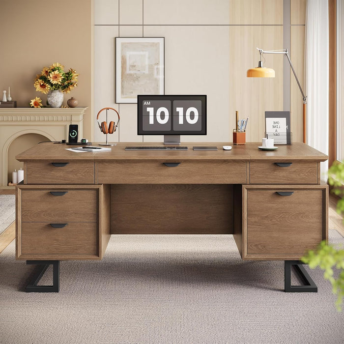 63" Executive Desk with Charging Station, Large Home Office Desks with 6 Drawers and 2 Storage Cabinets, File Drawer, Keyboard Tray, Privacy Panel, Desk Grommet, U-Shaped Metal Legs for Work and Study