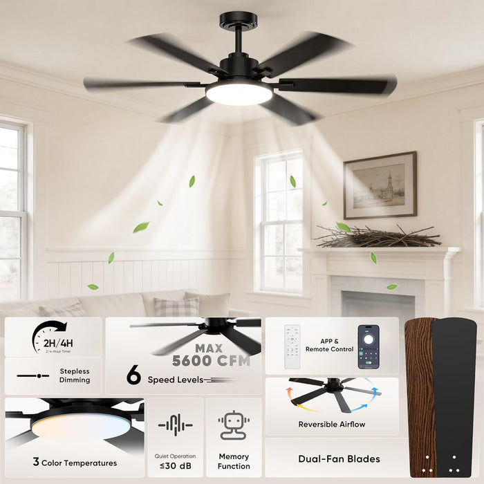 52Inch Black Ceiling Fan With DimmableLED MemoryFunction