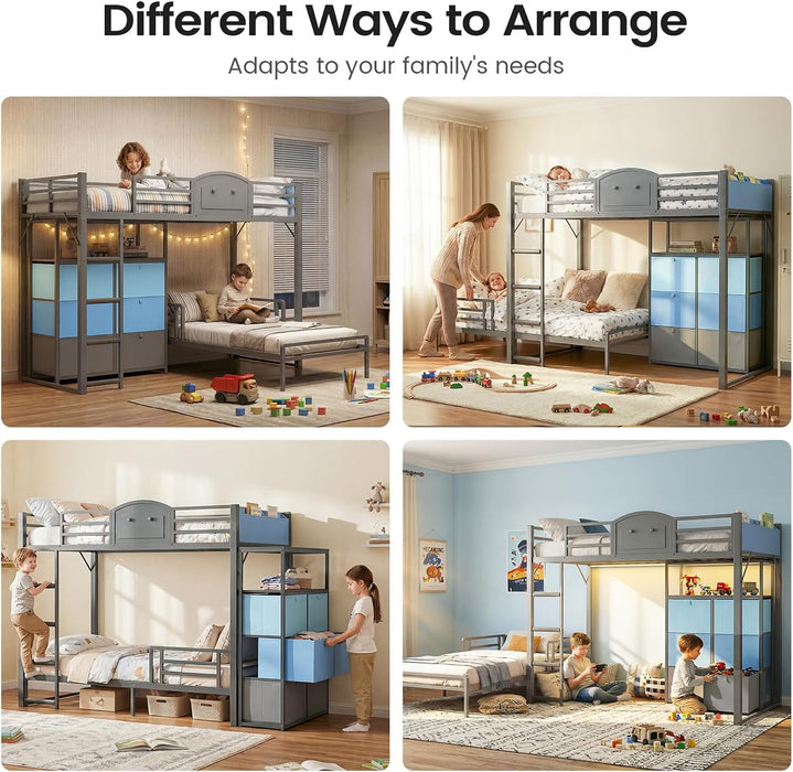 Bunk Bed Twin over Twin with 6 Storage Drawers for Kids Teens,Metal Led Loft Bed with Bedside Storage,Safety Guardrails for Small Space, No Box Spring Needed, Grey