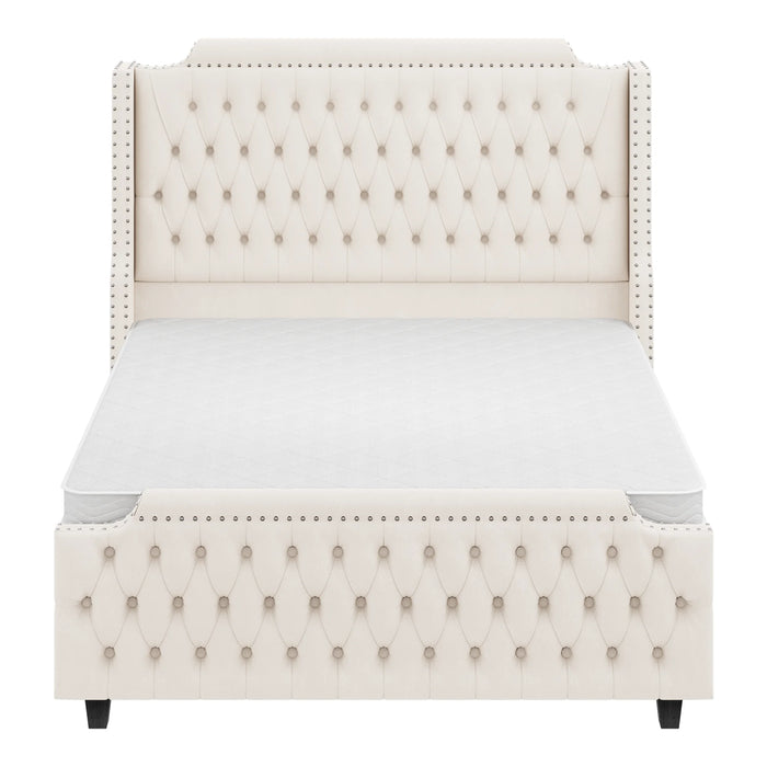 54" Tall Headboard Bed Frame with Wingback, Queen Size Bed with Tall Headboard, Velvet Deep Button Tufted Tall Upholstered Bed with Footboard, Off-White