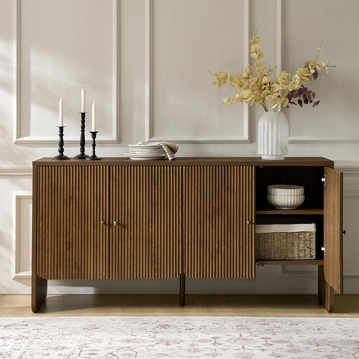 63" Wide Fluted Sideboard Buffet Cabinet Solid Wood, Modern Storage with 4 Adjustable Shelves & Doors, Multifunctional Credenza for Dining Room,Living Room,Entryway,Walnut