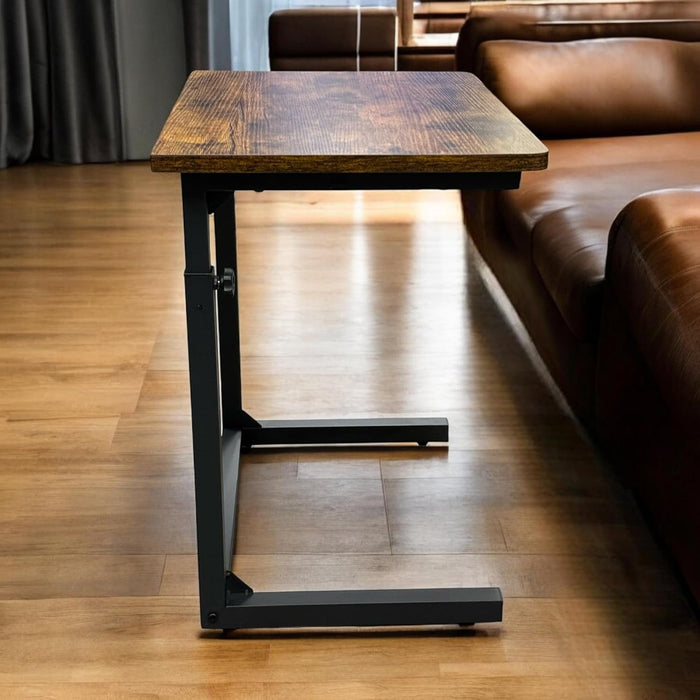 Height Adjustable C-Shaped Sofa Side Table, Laptop Table for Couch & Bed, Rustic Brown