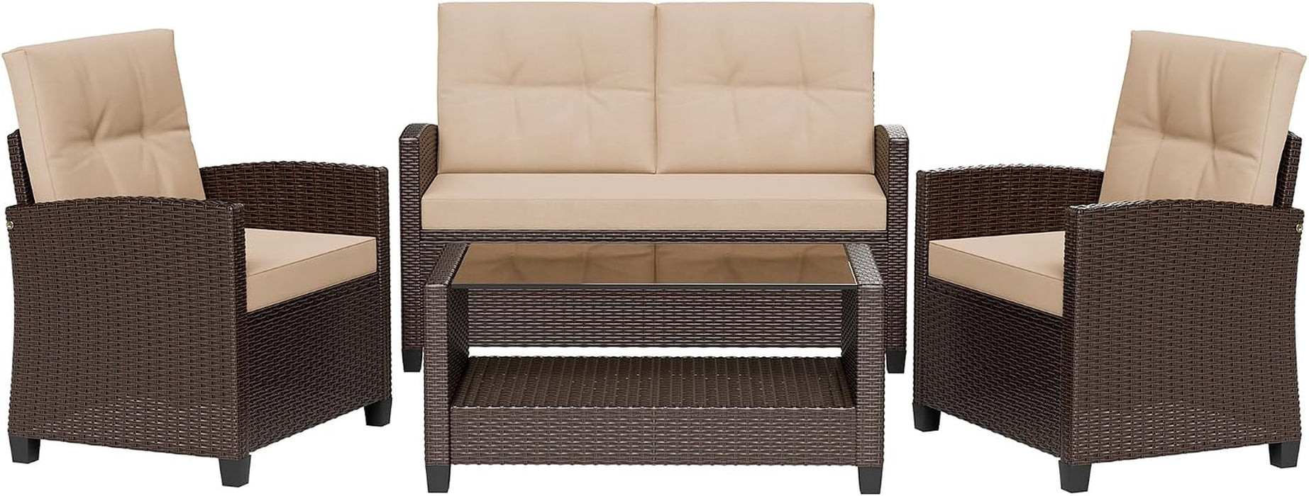 4 Piece Patio Furniture Set, Outdoor Rattan Conversation Set with Coffee Table, outside Wicker Sectional Sofa Couch with Cushion, Brown and Khaki