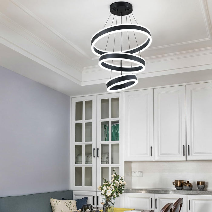 Modern LED Chandeliers Adjustable Hanging Black Pendant Light Fixture 3 Ring Flush Mount Chandeliers for Bedroom,Kitchen,Island Cafe