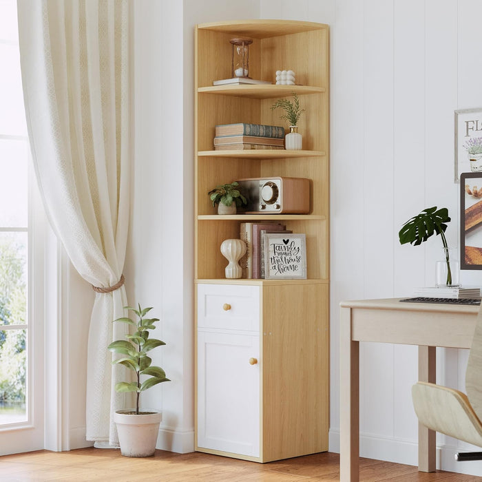 Corner Bookshelf and Bookcase, 71" H Wooden Book Shelves 4 Tier with Drawers and Storage Cabinet for Living Room, Office, Bedroom, Oak and White