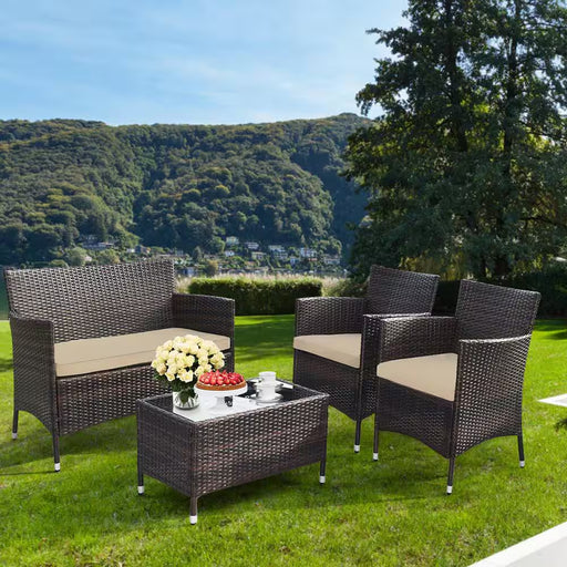 4-Pieces Rattan Patio Outdoor Furniture Set with Beige Cushioned Chair Loveseat Table