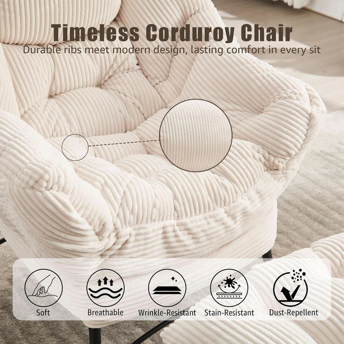 Large Lazy Chair and Ottoman for Adults, Accent Chair Oversized Lounge Armchair with Side Pocket & Footrest, Comfy Reading Chair Leisure Sofa for Bedroom, Living Room, Office (Corduroy, White, Single)