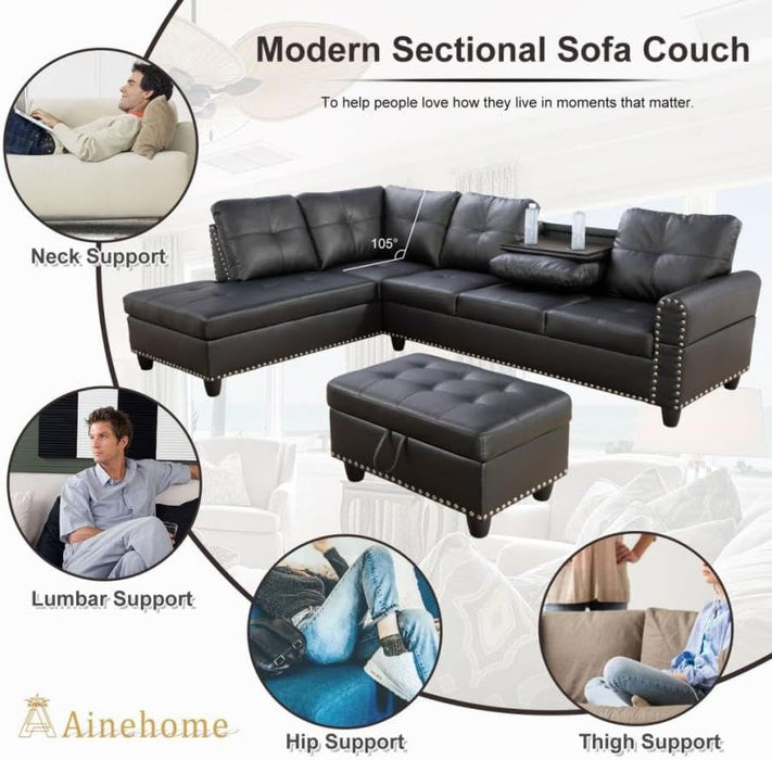 Sectional Couches for Living Room Furniture Sets,L-Shaped Couch W/Cup Holders,Faux Leather Nailhead Trim Sofas with Storage Ottoman and Chaise Lounge for Small Space Apartment-Gray