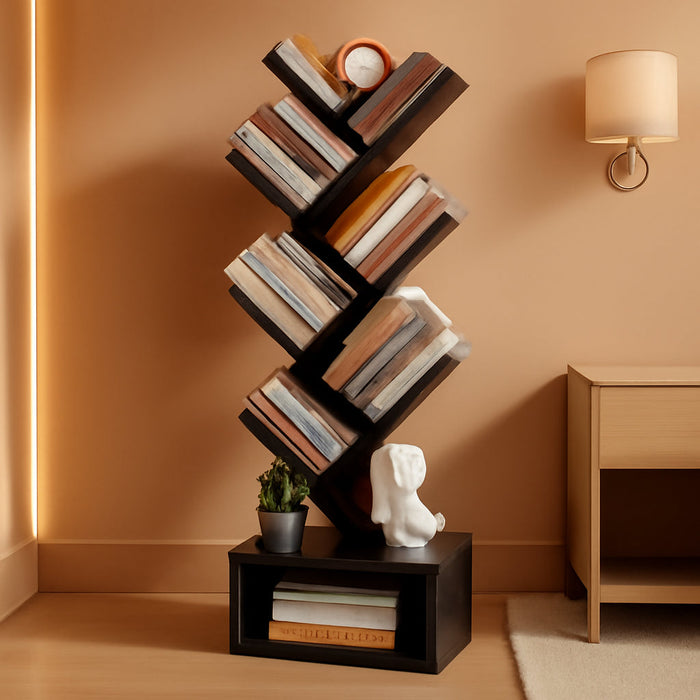 6 Tier Tree Bookshelf, Tall Bookcase with Drawer, Freestanding Book Shelf, Display Floor Standing Storage Shelf, Book Organizer Shelves for Home Office, Living Room, Bedroom, Black