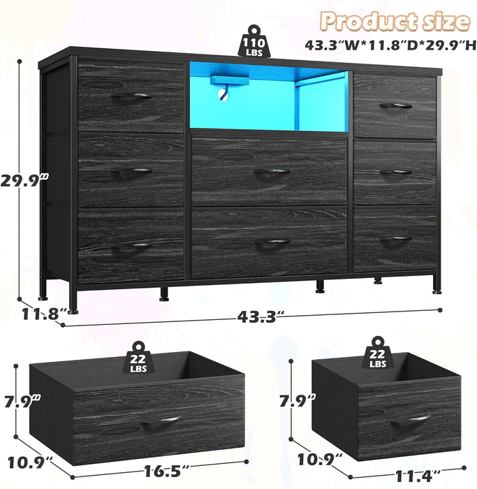 Black Dresser for Bedroom with LED Lights & Charging Station,  for Bedroom with 8 Drawer for 55 Inch TV, Fabric Dressers & Chests of Drawers with Open Shelves for Hallway Entryway