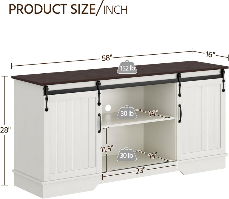 TV Stand for 65 Inch TV, Farmhouse Entertainment Center with Sliding Barn Doors, TV Media Console for Living Room, White & Espresso