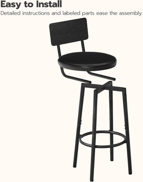 Bar Stools, Set of 2 Bar Stools with PU Upholstered, Bar Chairs with Footrest and Back, 26" Bar Stools for Kitchen Island, Dining Room, Easy to Assemble, Black BK31BY01G1